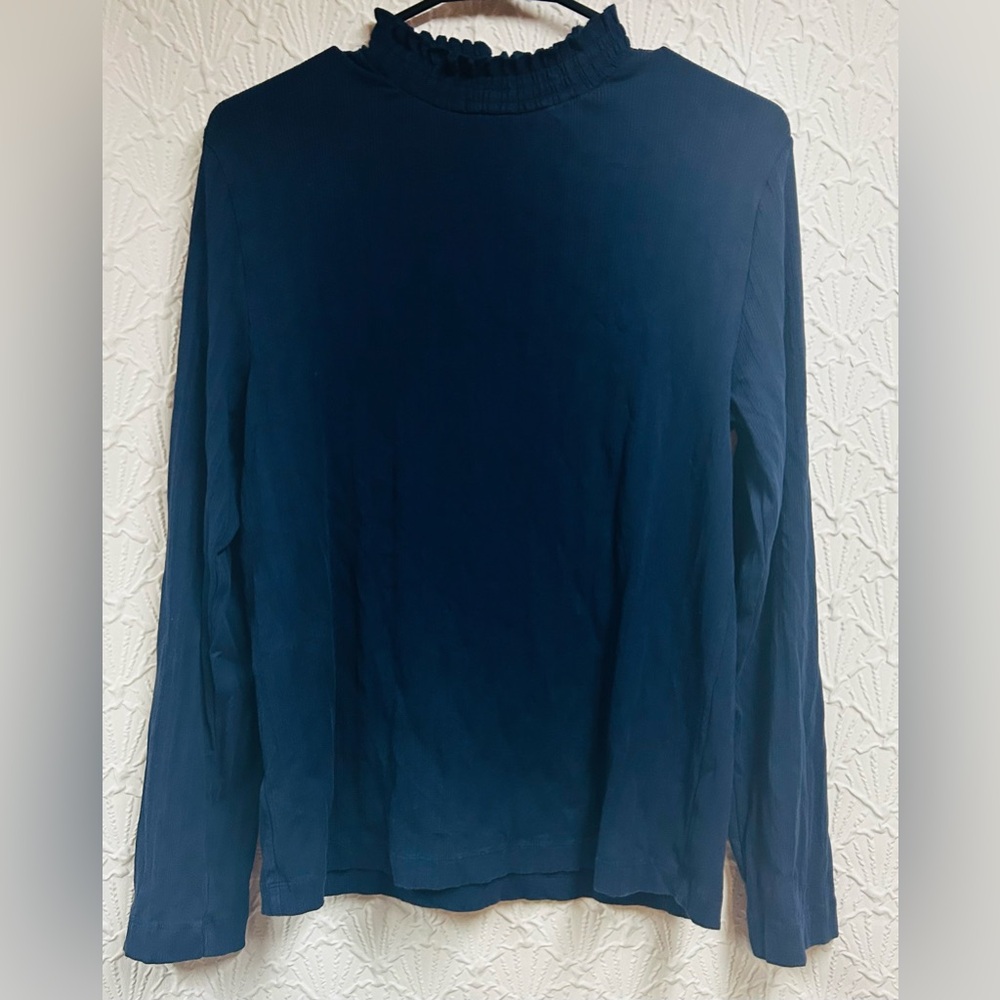 Loft XL Ribbed Navy Ruffle Neck Top